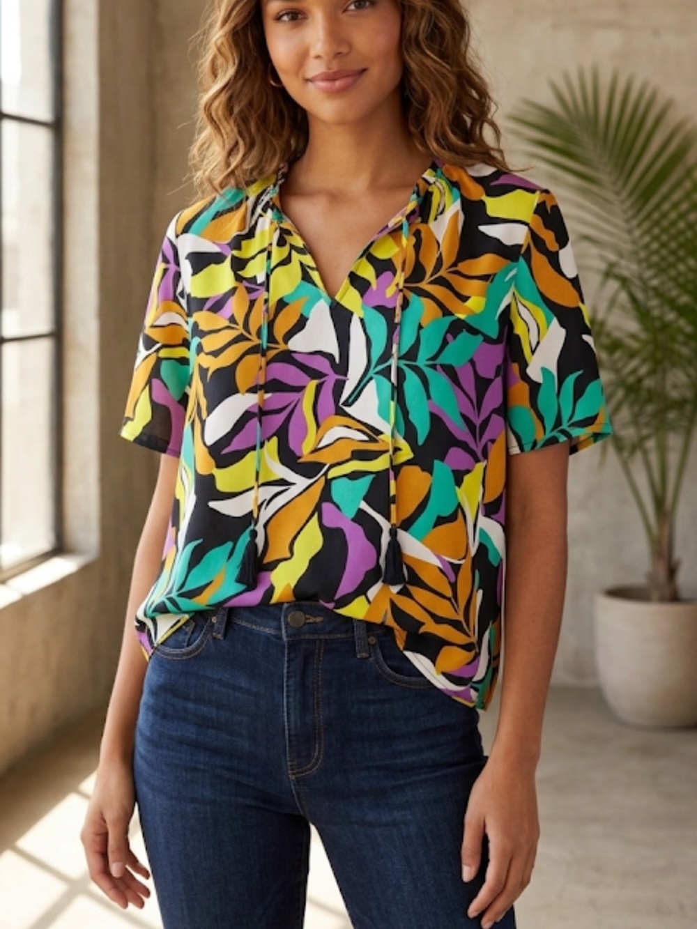 NWT Nine West Colorful Patterned Short Sleeve Blouse Size XL
